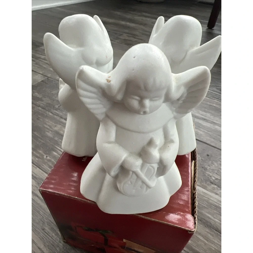 Vintage Porcelain Bisque Candle Holder White Angel Trio Christmas Centerpiece
